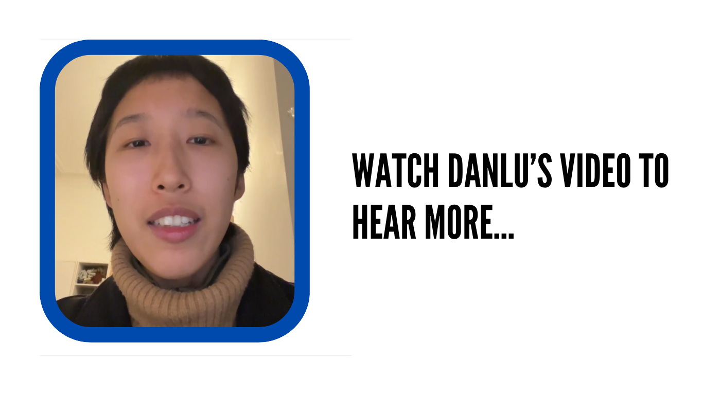 A student named Danlu wearing a tan roll-neck jumper is pictured in a blue rounded frame. To the right, bold black text reads, 